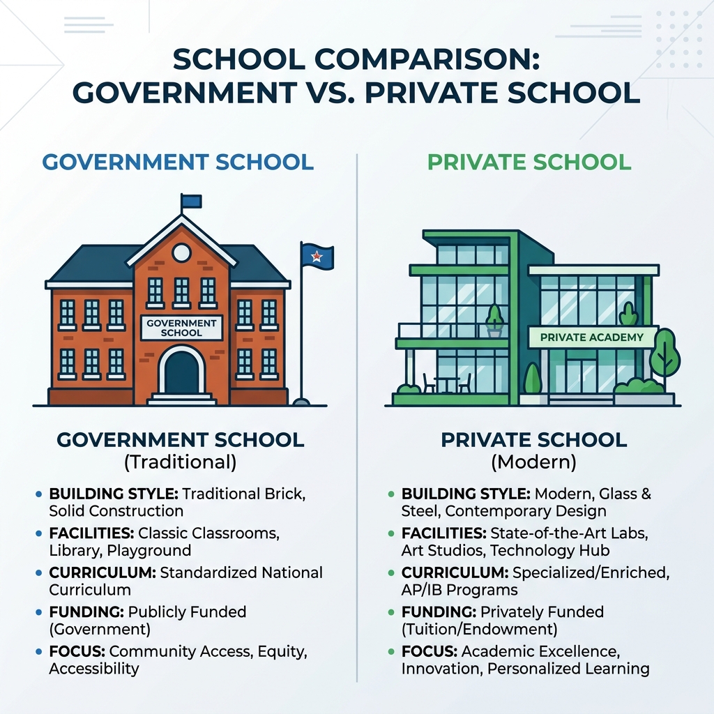 Comparison banner showing Government (saffron/orange) vs Private (blue) school systems side by side.