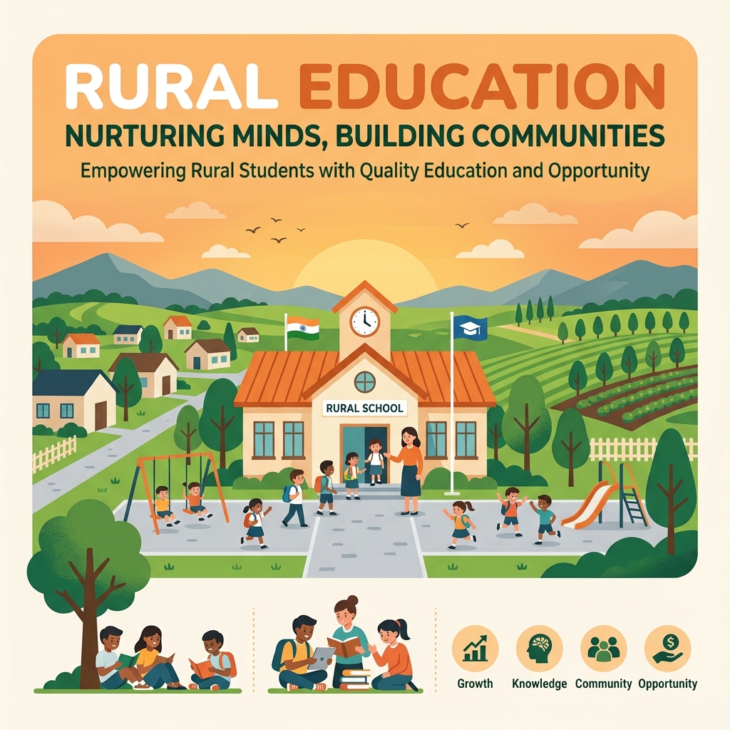 Earthy organic-style illustration representing rural village education and school development path in India.