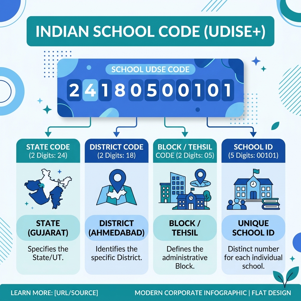Digital identification card graphic illustrating the 11-digit school UDISE code tracking system in India.